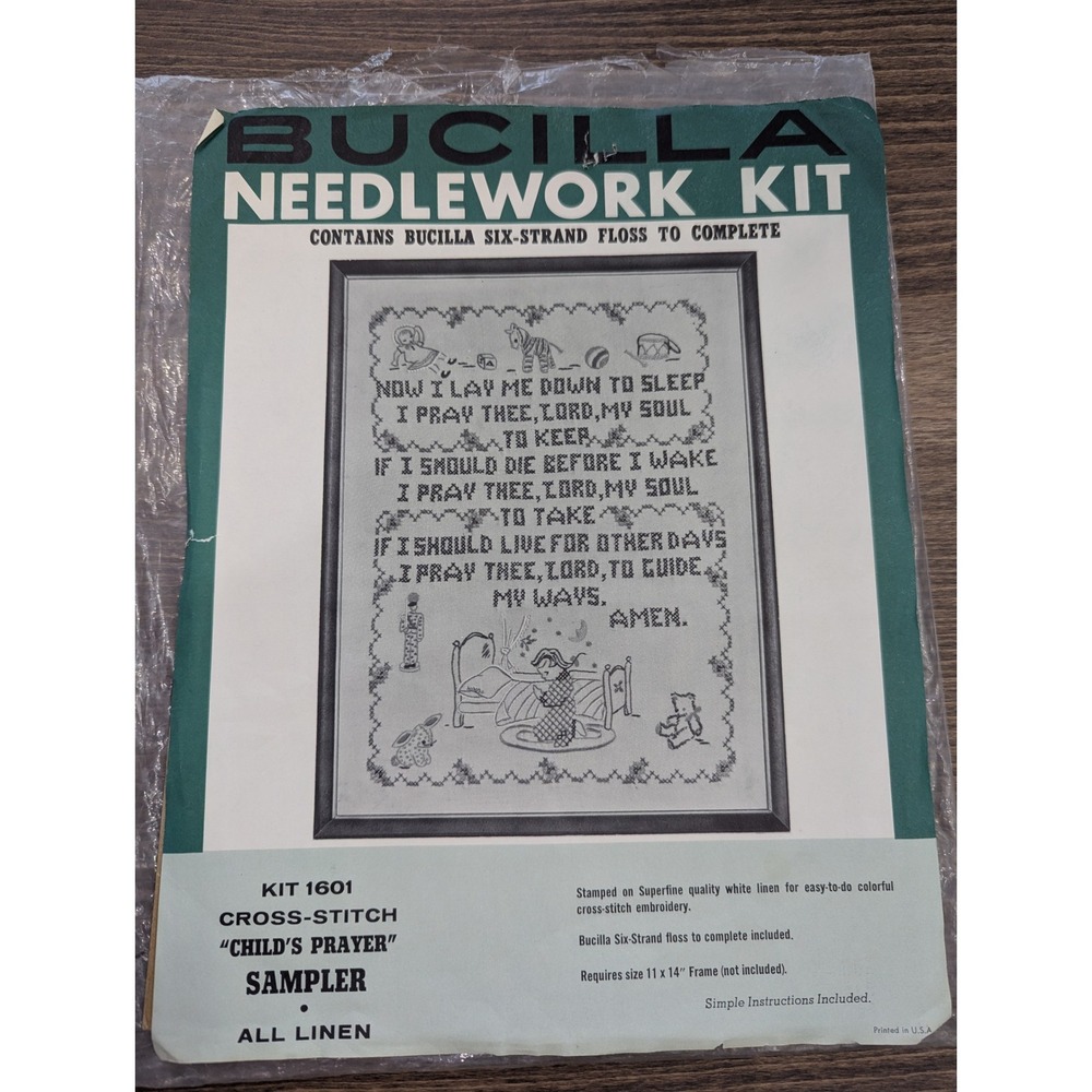 Vintage Cross Stitch Kit Childs Prayer Sampler Linen Floss